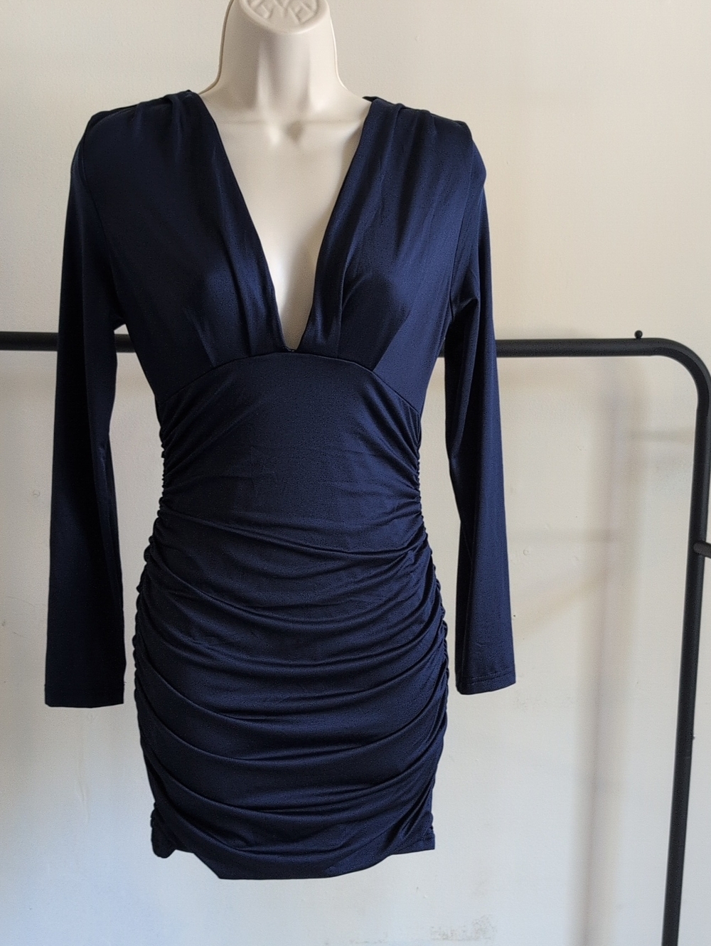 Plunge Neck Long-Sleeve Ruched Mini Dress - Navy
